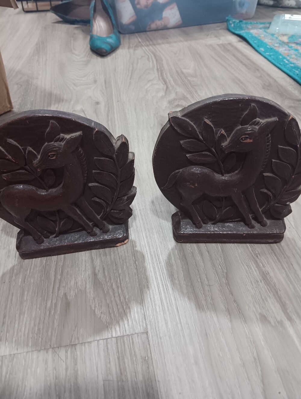 Syroco Wood MCM 1940 Carved Wooden Deer Bookends - Dark Brown